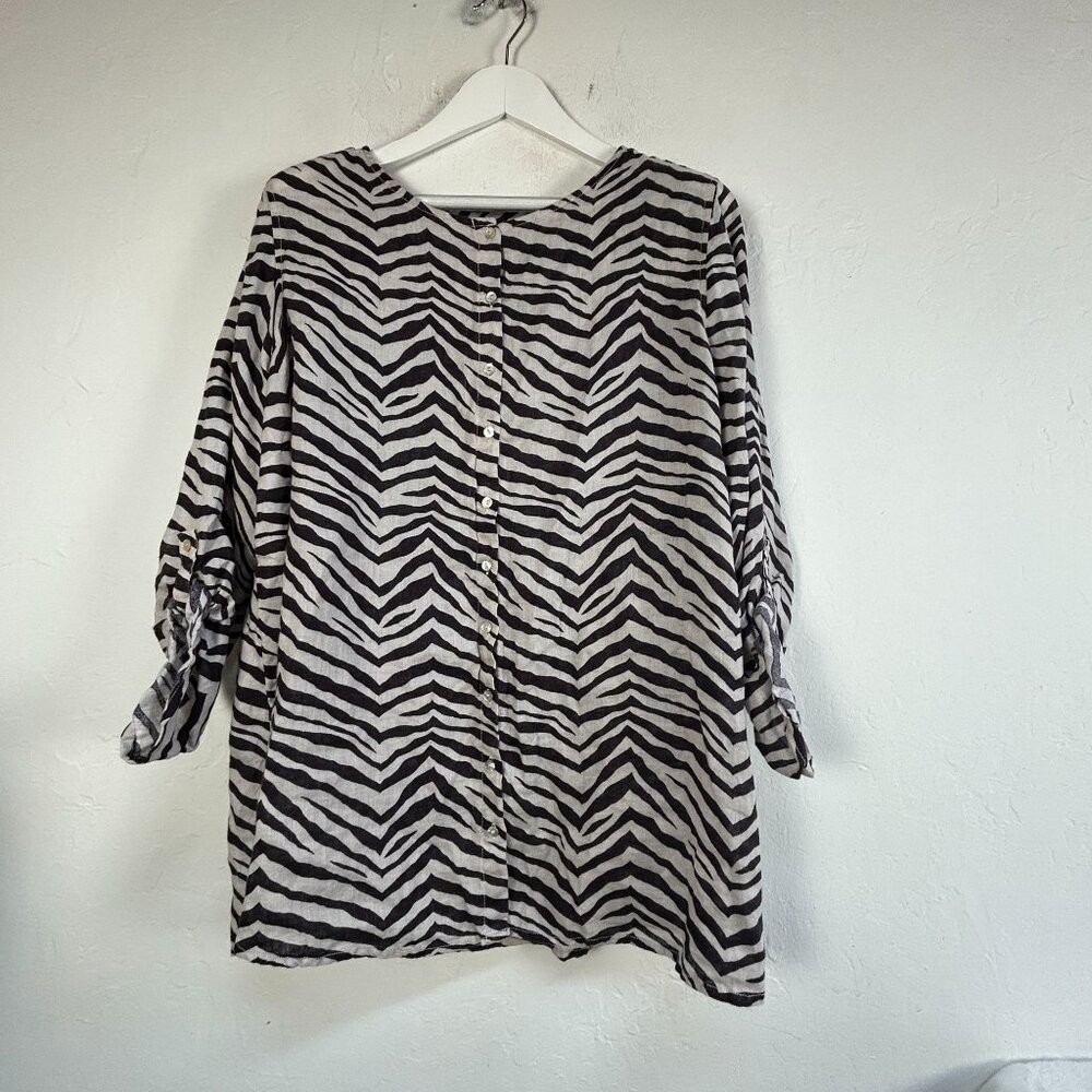 Tahari Zebra Print Linen Button-Front Tunic Top Blouse 2X Black Roll-Tab Sleeve